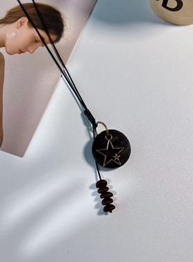 原创手作天然黑檀木圆形咖啡豆长款皮绳项链个性独特小众设计脖链