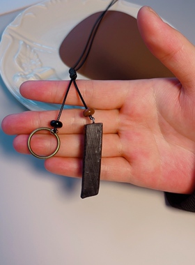 黑檀木长方形皮绳项链女长款个性