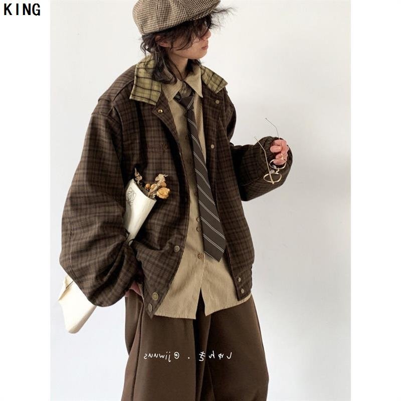 春秋日系复古穿搭整套格子外套男女生学院风拼接刺绣宽松休闲夹克,淘宝优惠券,粉丝福利购,淘宝优惠卷
