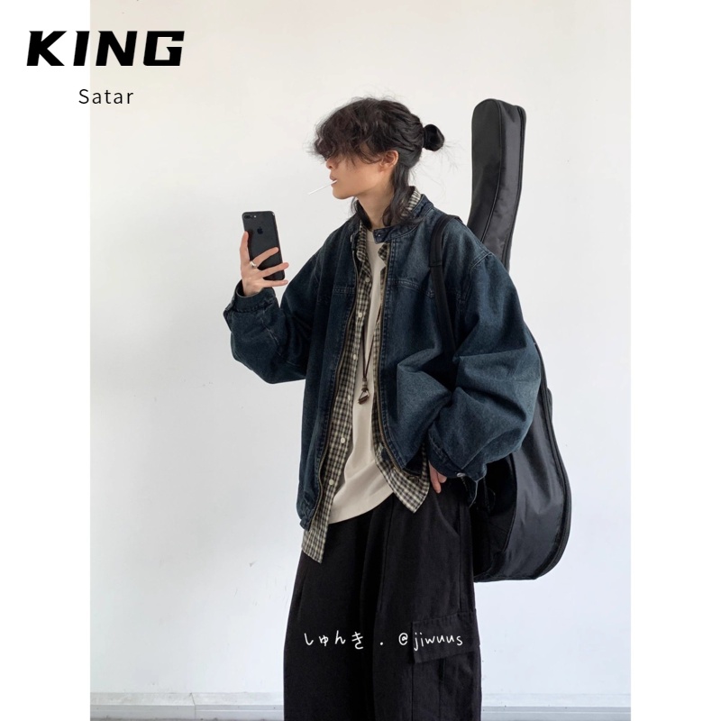 四件套装春秋季日系复古水洗牛仔外套男做旧宽松百搭休闲夹克上衣 - 图1