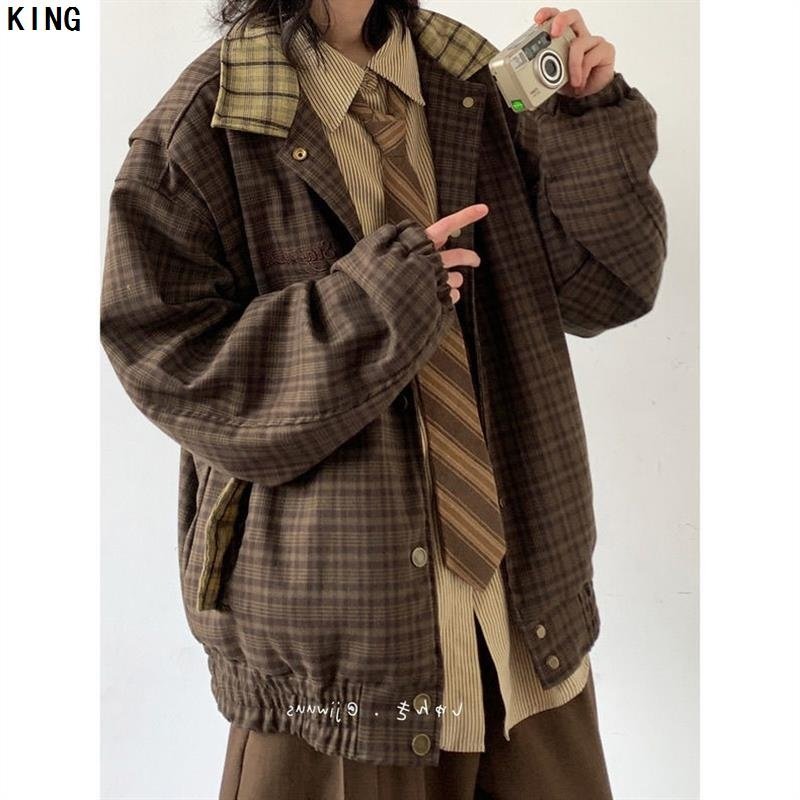 春秋日系复古穿搭整套格子外套男女生学院风拼接刺绣宽松休闲夹克,淘宝优惠券,粉丝福利购,淘宝优惠卷