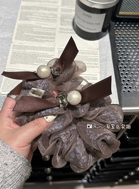 雾感双层网纱蓝色碎花蝴蝶结发圈