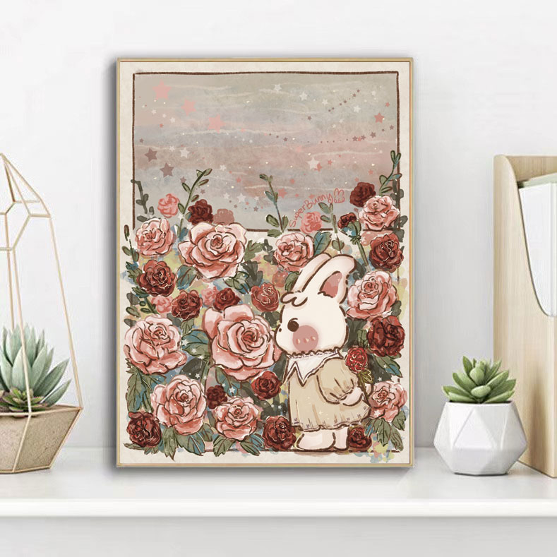 带框卡通玫瑰兔子钻石画满钻2024新款ins风手工diy点钻画十字绣5D,淘宝优惠券,粉丝福利购,淘宝优惠卷