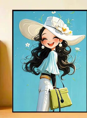 唯美装饰画女孩与猫治愈系可爱卡通现代简约卧室玄关画儿童房挂画