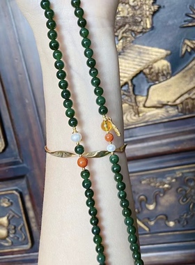 天然和田玉碧玉6mm项链女108颗玉石珠链毛衣链长款复古中国风挂件