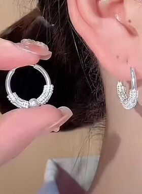 银耳环女款正品招财旺夫转运珠耳圈简约防过敏耳饰显瘦气质耳钉