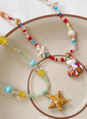 海边乐园度假风橘子海星彩色串珠项链女高级感颈链锁骨链夏天配饰