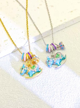 珐琅彩马卡龙色摇摇欢乐小木马吊坠项链锁骨项链黄同款铜镀真金女