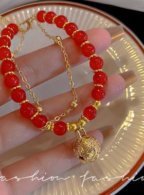 新中式复古铃铛手链女百搭感红色玉髓手串古风喜庆招财手饰品