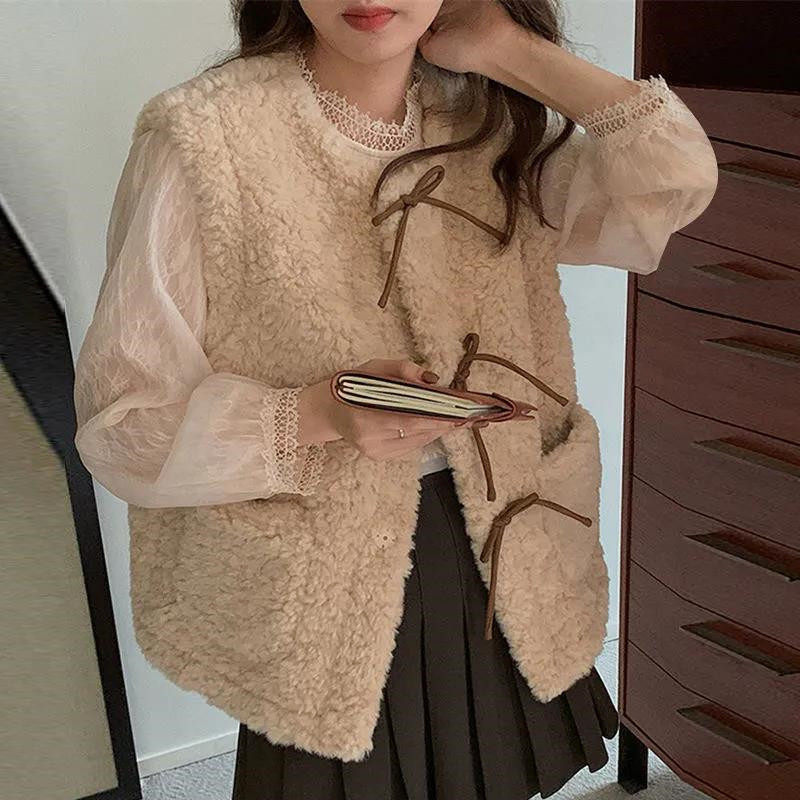 羊羔毛马甲女2025早秋季新款蝴蝶结坎肩外穿宽松气质马夹背心外套,淘宝优惠券,粉丝福利购,淘宝优惠卷