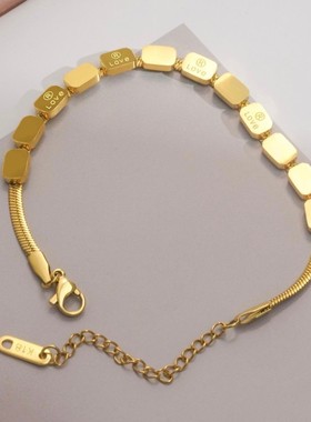 钛钢手链女不掉色 时尚LOVE小方块蛇骨手环镯24K金饰品潮百搭个性