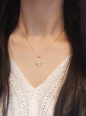 s925纯银四方如意项链女镶钻高级感国潮时髦黄金质感锁骨链送礼物