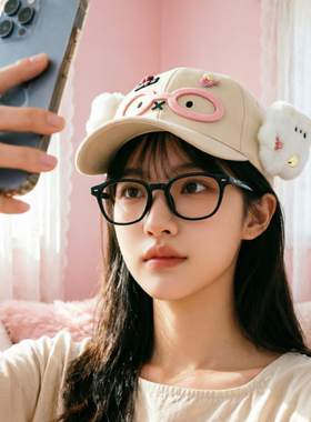 韩版时尚帽子可爱卡通眼镜小狗毛绒耳朵棒球帽女显脸小遮阳鸭舌帽