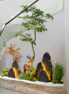 大型室内酒店新中式高档造景仿真绿植假山石入户景观落地装饰摆件