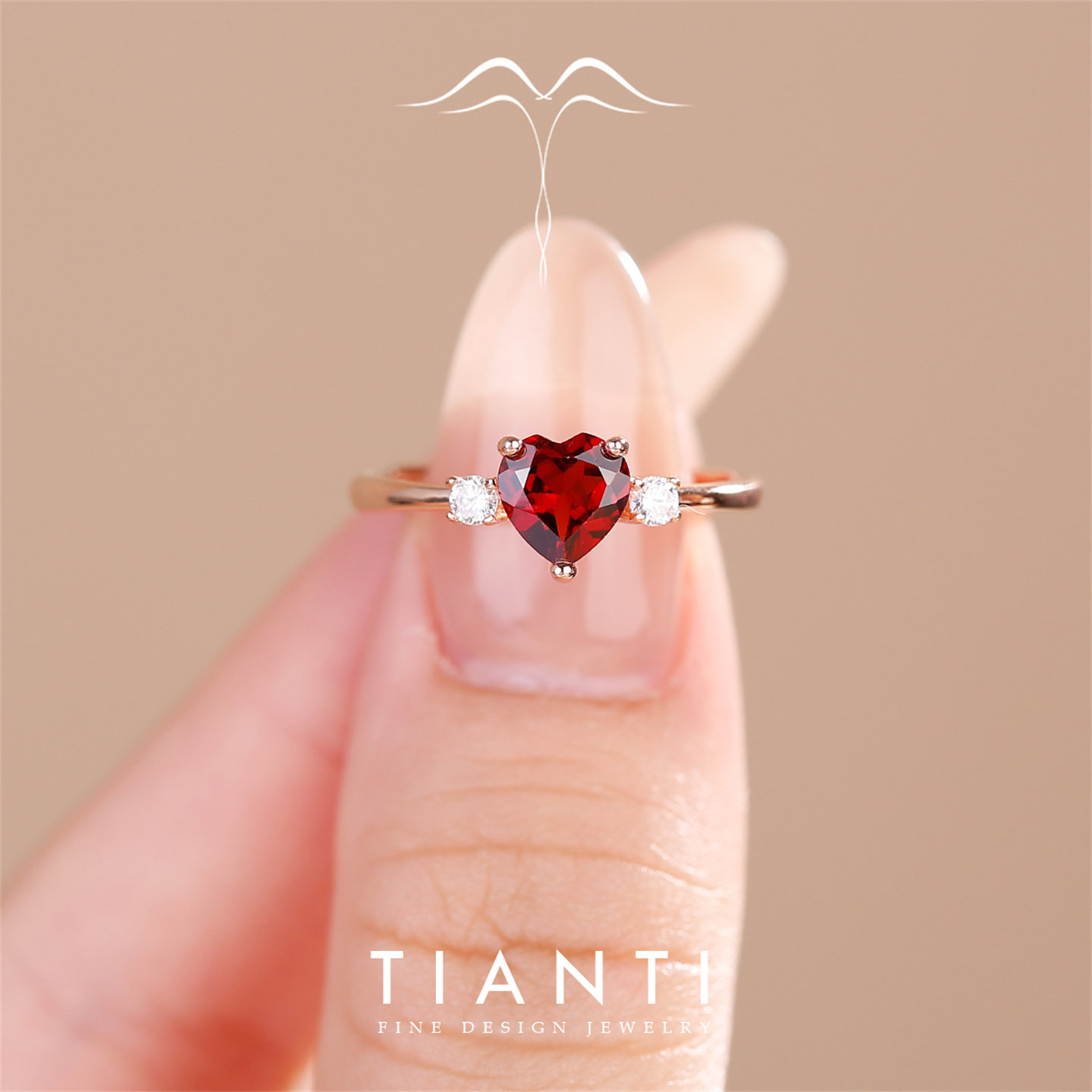 TIANTI heart-shaped pigeon blood red garnet gemstone ring