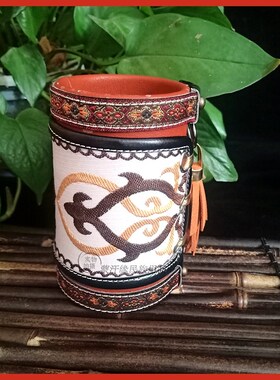 蒙古元素手工皮革笔筒民族特色工艺品收纳桶旅游纪念品一件包邮