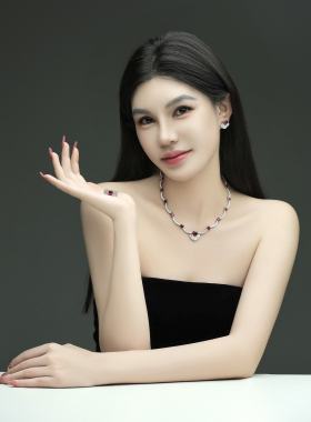 高珠系列22ct培育鸽血红套装925银镀金红色爱心颈链锁骨瀟艺珠宝