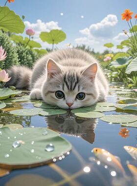 真超萌可爱猫咪在池塘边玩耍挂画卡通可爱儿童房床头壁画