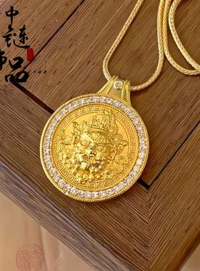 直播爆款古法沙金镶钻黄财神吊坠女镀金五路财神双面点钻圆牌挂
