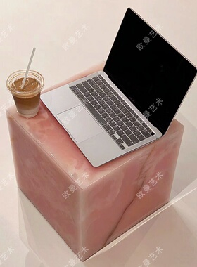 粉玉墩子天然大理石摆件底座石头高低展示台边几角几床头柜