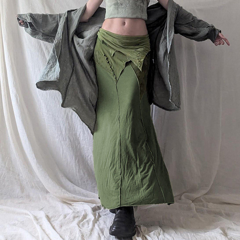 Amyway【绿野辣妹】古早复古风气质拼接长裙低腰显瘦包臀半身裙 - 图0