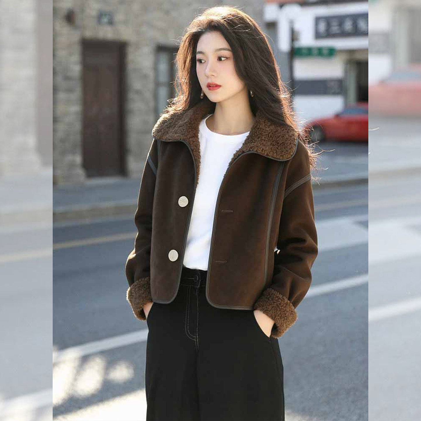 韩系巨好看的冬装咖色翻领小香风短款加绒加厚羊羔绒皮草外套女款,淘宝优惠券,粉丝福利购,淘宝优惠卷