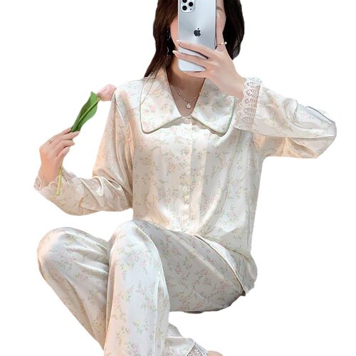 GIOIO【品牌】新款春秋睡衣女冰丝印花开衫长袖甜美休闲家居服 - 图3