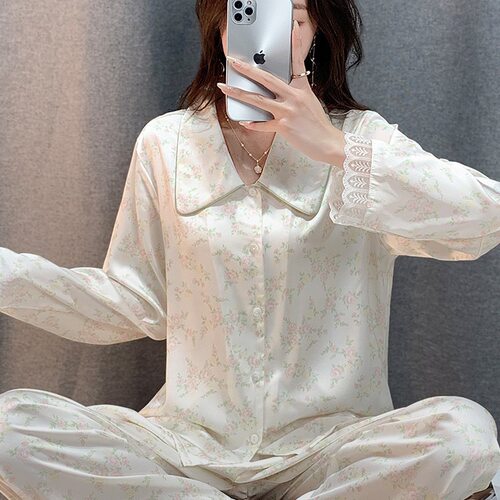 GIOIO【品牌】新款春秋睡衣女冰丝印花开衫长袖甜美休闲家居服 - 图1