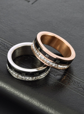 情侣钛钢嘻哈个性镶钻罗马戒指