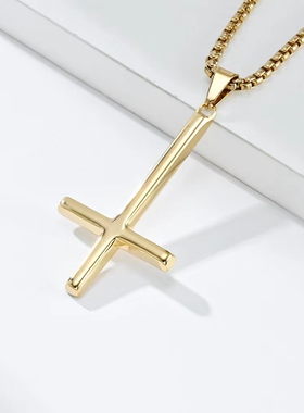 嘻哈钛钢圣彼得逆十字架项链