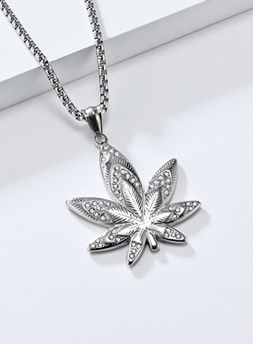 欧美嘻哈镶钻枫叶项链立体