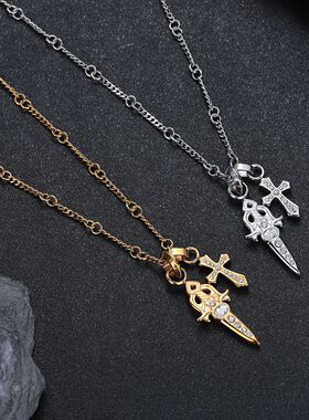 欧美满钻宝剑十字架项链嘻哈