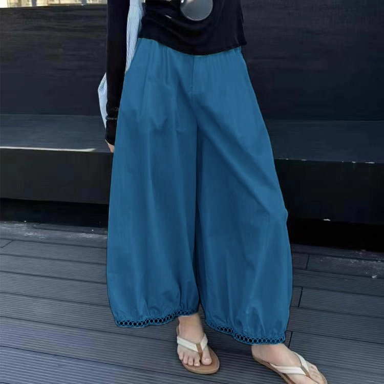 大码2025夏季时尚百搭高腰显瘦镂空蕾丝拼接灯笼裤女休闲阔腿裤子 - 图1