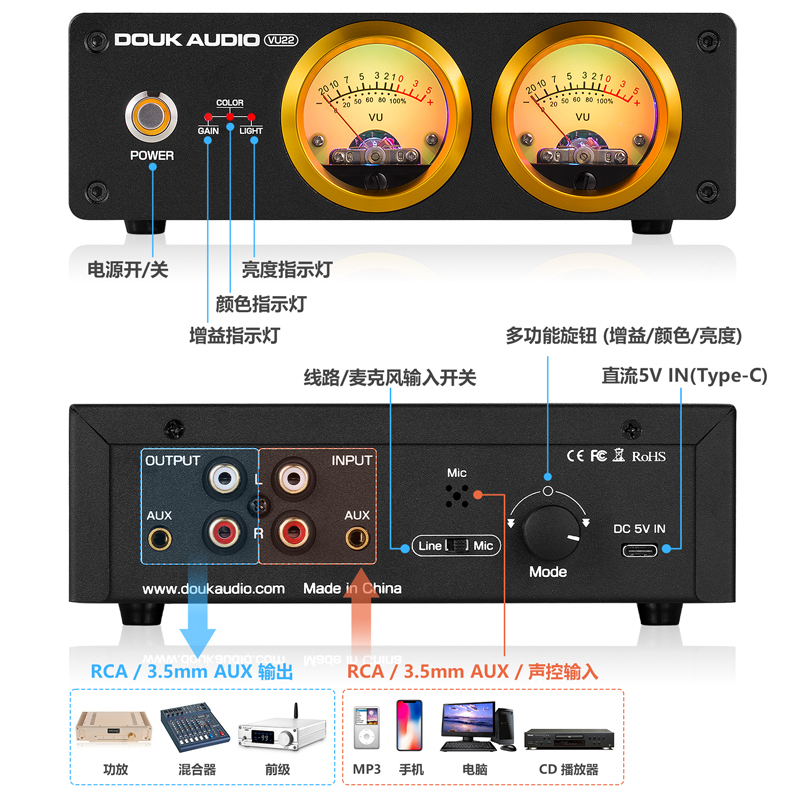 Douk audio麦克风拾音双模拟胆机VU表铝合金声控电平表音乐节奏灯 - 图1