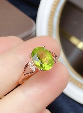 腾利8x10天然橄榄石戒指S925纯银镶嵌绿色宝石简约时尚大方经典款