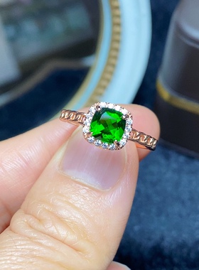 腾利6x6方形天然透辉石戒指S925银镶嵌绿色宝石指环活口戒指精致