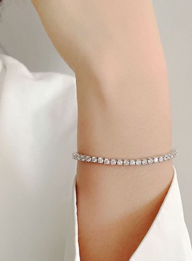 四爪满钻网球手链S925银镀18k白金高碳钻仿莫桑钻石排钻男女手镯