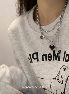 黑色马赛克爱心像素桃心吊坠双层流苏项链ins潮嘻哈毛衣链