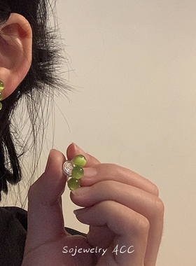原创橄榄绿猫眼石耳环蚊香盘耳夹