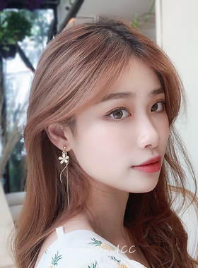 猫眼石花朵气质长款流苏樱花耳环