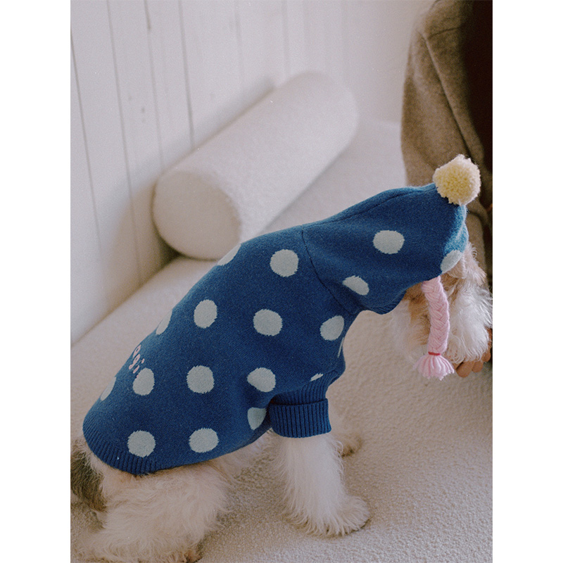 Tagi.小辫子刺绣复古波点秋冬保暖连帽狗狗针织毛衣宠物衣服 - 图3