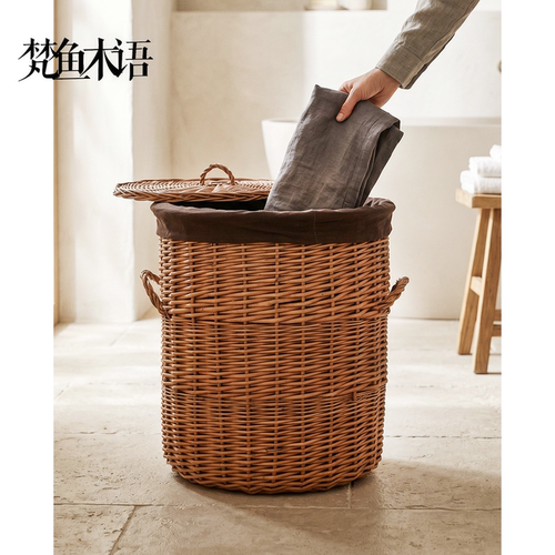 藤编脏衣服收纳筐编织篮子脏衣篮脏衣篓家用带盖ins风轻奢洗衣篮 - 图1