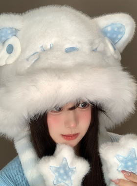 可爱猫咪耳朵会动毛绒帽女冬季