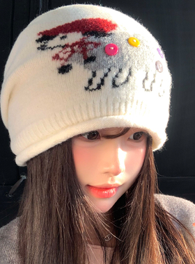 可爱卡通纽扣小羊针织堆堆帽女