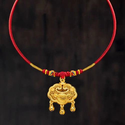 金店同款儿童宝宝金锁吊坠婴儿长命锁周岁礼仿真项圈沙金平安锁 - 图0