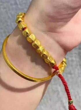 越南沙金金色锤纹小金块方糖手链仿真手工编织碎金子手绳男女