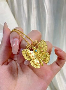 金店同款古法花丝蝴蝶吊坠项链
