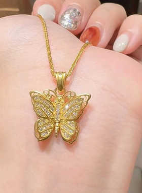 金店同款强保色越南沙金花丝满钻蝴蝶锁骨链吊坠双层立体项链女