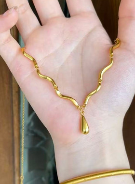金店同款沙金仿真古法金色水滴项链女轻奢小众精致假三金五金首饰