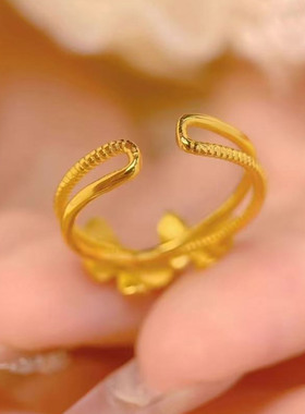 金店同款双蝴蝶沙金戒指开口女新中式仿真指环结婚订婚三金首饰